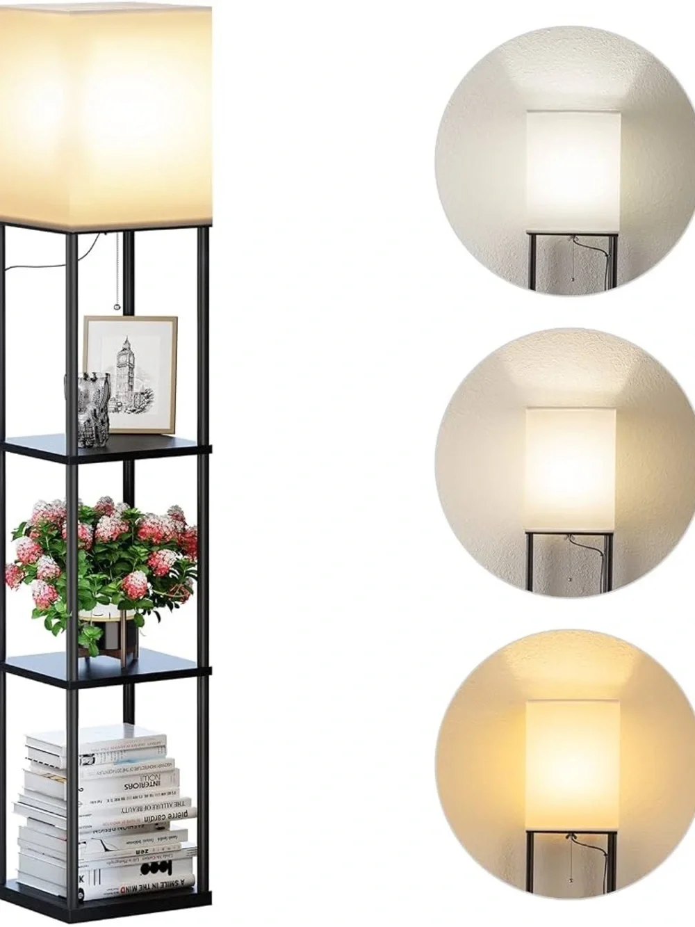 Modern Black Floor Lamp with White Shade and Shelves